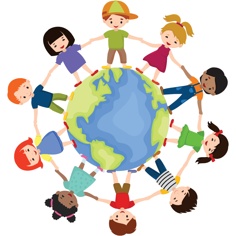 Children illsutration holding hands around a globe<br />
