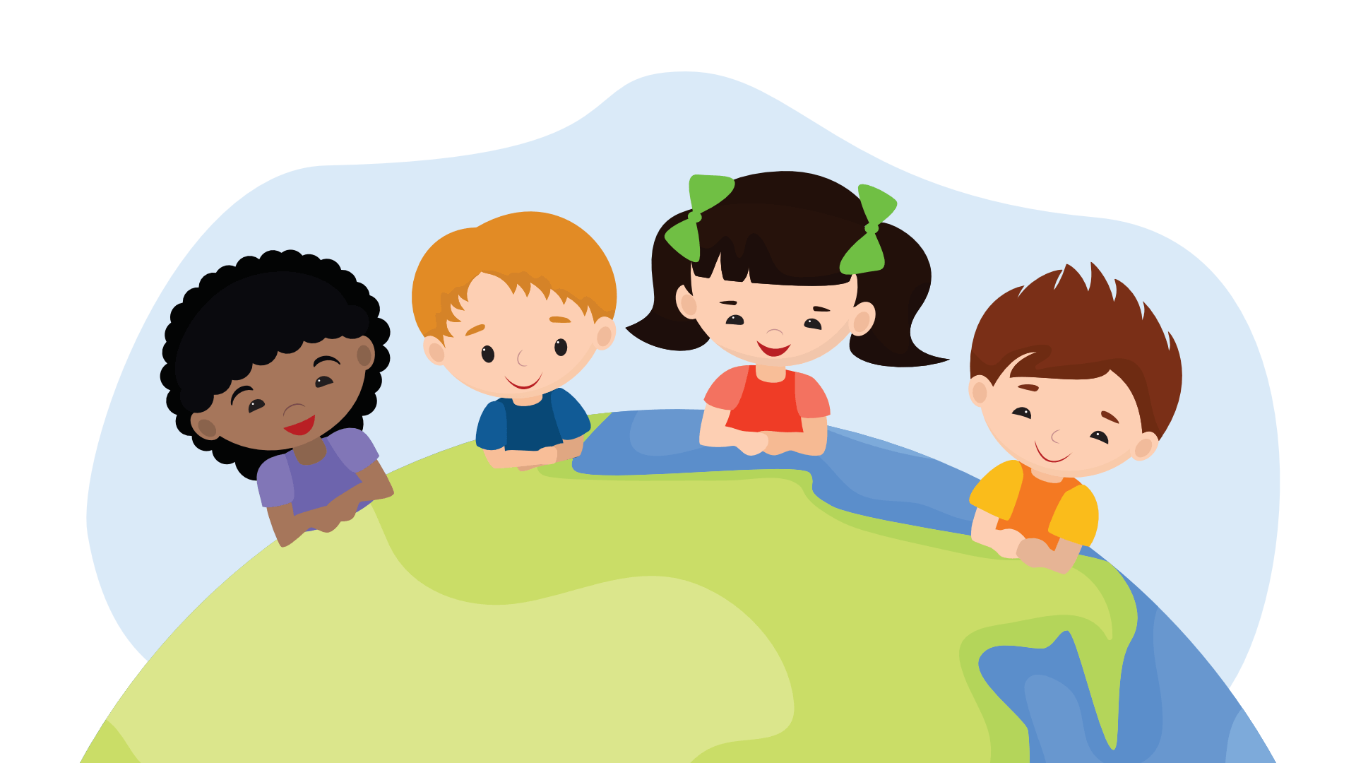 Four children sitting at the table that looks like planet earth